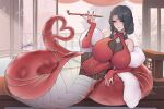  1girl bare_shoulders black_hair black_nails black_sclera black_shirt breasts closed_mouth colored_sclera covered_navel dress elbow_gloves eyes_visible_through_hair fingerless_gloves full_body gloves hand_up highres holding holding_smoking_pipe jacket jewelry lamia large_breasts looking_at_viewer lying medium_hair monster_girl open_clothes open_jacket orange_eyes original red_dress red_gloves shirt smile smoking_pipe solo tail tail_ornament xiumu_bianzhou 