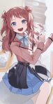  1girl absurdres blazer blue_eyes blue_overskirt blue_ribbon blush breasts brown_hair commentary_request cropped_jacket eimizzzzz gakuen_idolmaster hair_bun hanami_saki hatsuboshi_gakuen_school_uniform highres holding idolmaster jacket long_hair long_sleeves looking_at_viewer open_mouth pink_jacket red_hair ribbon school_uniform shirt skirt smile solo two_side_up white_shirt 
