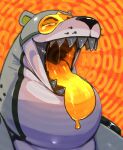 abstract_background absurd_res ambiguous_gender animate_inanimate anthro big_tongue bodily_fluids dewlap_(anatomy) grey_body hi_res inflatable living_inflatable mammal mouth_shot mustelid neck_bulge neck_rolls open_mouth orange_background orange_tongue otter red_background saliva saliva_string sharp_teeth simple_background solo teeth thick_neck tongue tongue_out visor wolfwireless