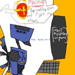 ambiguous_gender angel angry armor black_text blue_body blue_text christian_cross christian_symbol christianity computer_keyboard cross duo english_text eyebrows gabriel_(ultrakill) halo headgear helmet humanoid humor machine male new_blood_interactive nu_upsilon red_text religion robot robot_wings side_view simple_background terminal_(ultrakill) text ultrakill v1_(ultrakill) vcr_osd_mono white_background white_text wings yellow_wings