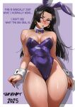  1girl absurdres alternate_costume animal_ear_hairband animal_ears artist_name bare_legs black_hair blue_bow blue_bowtie blue_leotard bow bowtie breasts cameltoe detached_collar earrings english_text fake_animal_ears hairband highleg highleg_leotard highres hoop_earrings jewelry leotard long_hair marvel medium_breasts outside_border playboy_bunny psylocke purple_background purple_eyes rabbit_ears shadow sinpadart solo strapless strapless_leotard two-tone_background wrist_cuffs x-men 