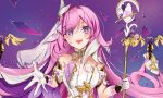  1girl bare_shoulders bell breasts commentary corset crystal_shards diamond-shaped_pupils diamond_(shape) elf elysia_(herrscher_of_human:_ego)_(honkai_impact) elysia_(honkai_impact) highres holding holding_staff honkai_(series) honkai_impact_3rd large_breasts long_hair looking_at_viewer open_mouth pink_hair pointy_ears purple_eyes purple_sky sky solo staff symbol-shaped_pupils triquetra upper_body veil very_long_hair white_corset white_veil yuna_tomuri 