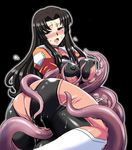  ass b-river between_thighs black_eyes black_hair blush bodysuit breast_grab breasts copyright_request covered_nipples grabbing large_breasts long_hair looking_back mole mole_under_eye open_mouth rape simple_background slime solo tears tentacles 