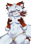 2025 absurd_res anthro blush blush_lines bodily_fluids breast_squish breasts canid canine claws clothing clothing_aside covering covering_breasts embarrassed fangs female fox fur green_eyes hair hi_res inner_ear_fluff looking_at_viewer mammal narrowed_eyes navel open_mouth panties panties_aside simple_background sleepiness18 solo squish sweat tail teeth tuft underwear underwear_aside white_body white_fur white_hair