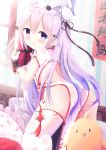  1girl ahoge ass azur_lane bangs blush box bun_cover china_dress chinese_clothes commentary_request day dress eyebrows_visible_through_hair from_behind gift gift_box hair_between_eyes hair_bun holding holding_gift indoors kittipat_jituatakul kneeling long_hair looking_at_viewer looking_back no_shoes on_head parted_lips pelvic_curtain pillow puffy_short_sleeves puffy_sleeves purple_eyes purple_hair short_sleeves side_bun soles solo striped stuffed_alicorn stuffed_animal stuffed_toy thighhighs translation_request unicorn_(azur_lane) vertical_stripes very_long_hair white_dress white_legwear window wrist_cuffs 