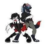 anthro bottomwear bullying canid canine clothing duo female femboy fox fur hi_res hyena loverk90 male male/female mammal pattern_bottomwear pattern_clothing pattern_skirt plaid plaid_bottomwear plaid_clothing plaid_skirt ripping_wedgie skirt underwear wedgie white_body white_clothing white_fur white_underwear