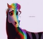2025 black_eyes digital_media_(artwork) equid equine feral fur hi_res horn horse_mane latin_text lgbt_pride lgbt_pride_month male mammal mandrawsdog mythological_creature mythological_equine mythology pink_nose pride_colors rainbow_pride_colors sad simple_background solo striped_body striped_fur stripes text translated unicorn white_background