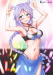 1girl anti_(untea9) bikini black_bikini blue_eyes blue_sarong braid breasts cleavage cowboy_shot glowstick hair_flaps highres kantai_collection long_hair medium_breasts mole mole_under_eye navel penlight_(glowstick) purple_hair rabbit_pose sailor_bikini sailor_collar sarong single_braid solo swimsuit twitter_username umapyoi_densetsu umikaze_(kancolle) umikaze_(swimsuit)_(kancolle) umikaze_kai_ni_(kancolle) very_long_hair 
