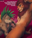2025 anthro anthro_on_anthro anthro_penetrated anthro_penetrating anthro_penetrating_anthro biped brown_body brown_fur digital_media_(artwork) dirty_talk disney duo ear_piercing english_text felid fellatio fur gene_(kloogshicer) green_eyes green_hair hair hi_res hyena implied_bisexual interspecies lion lizardlars male male/male male_anthro male_penetrated male_penetrating male_penetrating_male mammal mane markings mohawk multicolored_body multicolored_fur musk musk_clouds oral oral_penetration orange_body orange_fur pantherine penetration penile penis_in_mouth piercing sex simba_(the_lion_king) spots spotted_body spotted_fur tan_body tan_fur text the_lion_king