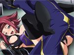  1girl aquamu blue_eyes blush boots breast_grab breasts censored code_geass fingering flipped_hair foreplay gloves grabbing headband helmet hetero high_heels kallen_stadtfeld large_breasts long_legs missionary naughty_face nipples open_mouth order_of_the_black_knights_uniform precum red_hair saliva shoes short_hair thighhighs yamagarasu zero_(code_geass) 