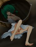  barefoot breasts bucket feet green_hair hair_bobbles hair_ornament ifuji_sakura in_bucket in_container kisume large_breasts masturbation messy_hair nipples no_panties older pussy_juice short_hair solo toe_scrunch touhou twintails wooden_bucket 