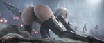  1boy 2b_(nier:automata) 2girls 3d 9s_(nier:automata) a2_(nier:automata) android ass ass_focus blender_(medium) blue_eyes closed_mouth commentary english_commentary from_behind glowing glowing_eyes high_heels highres holding holding_weapon long_hair machine_(nier) multiple_girls navel nier_(series) nier_reincarnation official_alternate_costume outdoors red_eyes seven_(sixplusone) weapon white_hair 
