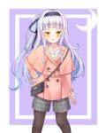  1girl alternate_hairstyle bag blush casual collarbone hair_ornament handbag headband highres hololive jacket long_hair looking_at_viewer murasaki_shion open_mouth pantyhose shorts side_ponytail silver_hair simple_background solo standing village_cat virtual_youtuber 
