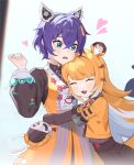  2girls ^_^ absurdres animal_ear_fluff animal_ears belle_(zenless_zone_zero) blonde_hair blue_hair blush cat_ears closed_eyes fake_animal_ears fang green_eyes hashtag-only_commentary high-waist_shorts highres hijuk hug jacket ju_fufu multiple_girls official_alternate_costume orange_fur orange_jacket short_hair shorts smile striped_hair tail tiger_ears tiger_girl tiger_tail upper_body zenless_zone_zero 