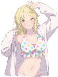  1girl bang_dream! bikini blonde_hair blush breasts cleavage closed_mouth commentary highres jacket kanade_(kanade_3344) large_breasts long_hair long_sleeves navel one_eye_closed open_clothes open_jacket shading_face simple_background solo stomach swimsuit tsurumaki_kokoro white_background white_bikini white_jacket yellow_eyes 