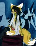 2013 abstract_background anthro black_hair canid canine clothed clothed_anthro clothed_female clothing coat digital_drawing_(artwork) digital_media_(artwork) dipstick_tail female fox fur hair legwear long_hair mammal markings naircat red_eyes sad sitting sketch solo tail tail_markings thigh_highs topwear white_tail_tip yellow_body yellow_fur yellow_tail