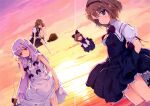  3girls absurdres alice_margatroid black_bow black_skirt black_vest blonde_hair blue_dress blue_eyes bow broom broom_riding capelet closed_mouth crease crescent crescent_hair_ornament dress dutch_angle flower hair_bow hair_ornament hairband highres holding holding_flower ke-ta kirisame_marisa knee_up long_hair looking_at_viewer multiple_girls no_headwear orange_sky outdoors patchouli_knowledge puffy_short_sleeves puffy_sleeves purple_dress purple_eyes purple_hair red_hairband scan shanghai_doll shirt short_hair short_sleeves skirt sky sunset third-party_source touhou very_long_hair vest wading white_bow white_capelet white_shirt 