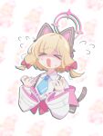  &gt;_&lt; 1girl animal_ear_headphones animal_ears anzen_robo_(474zz) artist_name black_tail blonde_hair blue_archive blue_necktie blunt_bangs blurry blurry_background bow cat_ear_headphones cat_ears cat_tail collared_shirt commentary cropped_torso facing_viewer fake_animal_ears fake_tail flying_sweatdrops furrowed_brow hair_bow halo hands_up headphones jacket layered_sleeves long_sleeves low-tied_sidelocks medium_hair momoi_(blue_archive) multicolored_jacket necktie off_shoulder open_mouth outline parted_bangs patterned_background pink_bow pink_halo pink_jacket scared school_uniform shaded_face shirt sidelocks solo suspenders sweat tail twitter_username upper_body white_background white_jacket white_outline white_shirt wide_sleeves 