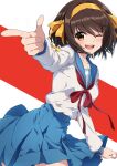  1girl :d belt belt_buckle blue_belt blue_sailor_collar blue_skirt blush breasts brown_hair buckle cowboy_shot finger_gun hair_intakes hair_over_hairband hair_ribbon hairband highres kita_high_school_uniform long_sleeves looking_at_viewer medium_breasts neckerchief nishizuki_shino one_eye_closed open_mouth orange_eyes pleated_skirt red_neckerchief ribbon sailor_collar school_uniform serafuku shirt short_hair skirt smile solo standing suzumiya_haruhi suzumiya_haruhi_no_yuuutsu teeth upper_teeth_only white_background white_shirt winter_uniform yellow_hairband yellow_ribbon 