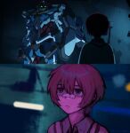 1girl bags_under_eyes bandaid bandaid_on_face bandaid_on_nose blade_runner_(series) blade_runner_2049 closed_mouth depressed green_eyes gundam gundam_gquuuuuux highres mecha mobile_suit ontan parody robot ryan_gosling sad scene_reference science_fiction short_hair 