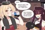  2girls artist_name barbell blonde_hair bottle doodle_sensei_(blue_archive) drinking english_text exercising fingerless_gloves garrison_cap girls&#039;_frontline gloves gym hat highres i_wonder_what_she&#039;s_listening_to_(meme) meme mp40_(girls&#039;_frontline) multiple_girls open_mouth outline purple_hair red_eyes sensei_(blue_archive) smart_oval speech_bubble sweat teeth towel upper_teeth_only wa2000_(girls&#039;_frontline) water_bottle white_outline 