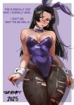  1girl absurdres alternate_costume animal_ear_hairband animal_ears artist_name black_hair black_pantyhose blue_bow blue_bowtie blue_leotard bow bowtie breasts cameltoe detached_collar earrings english_text fake_animal_ears hairband highleg highleg_leotard highres hoop_earrings jewelry leotard long_hair marvel medium_breasts outside_border pantyhose playboy_bunny psylocke purple_background purple_eyes rabbit_ears shadow sinpadart solo strapless strapless_leotard torn_clothes torn_pantyhose two-tone_background wrist_cuffs x-men 
