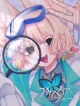  1girl @_@ animal_ear_fluff animal_ears arm_up black_eyes blonde_hair blue_butterfly braid bug butterfly fang fox_ears grey_shirt holding holding_magnifying_glass jacket kodomo_kirin lapels long_sleeves looking_at_viewer magnifying_glass multicolored_hair notched_lapels open_mouth original shirt short_hair solo upper_body v white_jacket wing_collar 