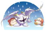  ^_^ armor blush_stickers brown_eyes closed_eyes closed_mouth commentary feathered_wings full_body galacta_knight gloves helping highres horns kirby_(series) mask no_humans no_mouth nto0710o0 pauldrons pink_eyes rain running shoes shoulder_armor signature standing taking_shelter tears waddle_dee water water_drop wet white_gloves white_shoes white_wings wings 