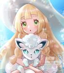  1girl :o alolan_vulpix blonde_hair blush braid dress green_eyes hat holding holding_pokemon lillie_(pokemon) long_hair looking_at_viewer open_mouth pokemon pokemon_(anime) pokemon_(creature) pokemon_sm_(anime) twin_braids upper_body white_dress white_hat yngon_(hwxf5232) 