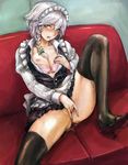  apron black_legwear blush bow bra bra_pull braid breast_slip breasts couch fingering hair_bow high_heels highres izayoi_sakuya lace lace_bra large_breasts leg_up lingerie maid maid_headdress masturbation miniskirt nipples no_panties one_breast_out open_clothes open_mouth open_shirt osakana_(denpa_yun'yun) pink_eyes pussy pussy_juice red_eyes self_fondle shirt shoes short_hair silver_hair sitting skirt solo spread_legs sweat thighhighs touhou twin_braids uncensored underwear 