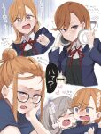  2girls alternate_hairstyle angry blue_jacket blue_shirt blush brown_hair closed_eyes commentary_request dress glasses grey_dress hair_bun headphones heart heart_in_mouth highres hug indo_curry jacket long_hair looking_at_viewer love_live! love_live!_superstar!! medium_hair multiple_girls multiple_views neck_ribbon official_alternate_hairstyle open_mouth orange_hair purple_eyes red_ribbon ribbon school_uniform shibuya_kanon shirt sweatdrop tang_keke translation_request white_shirt yuigaoka_school_uniform 