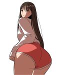 1girl absurdres ass brown_eyes brown_hair buruma greenb highres long_sleeves looking_at_viewer looking_back original red_buruma shirt simple_background solo standing white_background white_shirt 