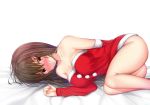  1girl absurdres bed_sheet blush breasts brown_hair cleavage detached_sleeves dress fur-trimmed_dress fur-trimmed_sleeves fur_trim hair_ornament highres large_breasts long_hair long_sleeves looking_at_viewer lying namaponpon_00 on_side red_dress red_eyes red_sleeves santa_costume shiny shiny_skin short_dress simple_background sleeveless sleeveless_dress solo strapless strapless_dress white_background 