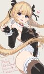  1girl :d artist_name ass black_gloves black_leotard black_ribbon black_thighhighs blonde_hair blue_eyes breasts chest_harness collar dead_or_alive dead_or_alive_xtreme dead_or_alive_xtreme_venus_vacation detached_collar elbow_gloves fingerless_gloves floating_hair frilled_collar frilled_leotard frilled_thighhighs frilled_wristband frills fubuki_(fakemonkey0224) gloves grey_background hair_ribbon happy_birthday harness heart highleg highleg_leotard highres leotard long_hair looking_at_viewer marie_rose ribbon simple_background small_breasts smile solo teeth thighhighs twintails upper_teeth_only very_long_hair w_arms 