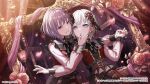  2girls bang_dream! bang_dream!_it&#039;s_mygo!!!!! blue_eyes blush commentary_request earrings flower hair_ornament heterochromia highres holding_hands jewelry kaname_raana long_sleeves multiple_girls nail_polish official_art parted_lips pink_eyes pink_flower pink_rose purple_hair red_nails rose see-through_clothes see-through_sleeves short_hair white_hair yellow_eyes yuri yuutenji_nyamu 