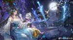  2boys 2girls bare_shoulders battle belt black_belt black_boots black_eyes black_hair black_hanfu black_pants blue_butterfly blue_dress blue_flower blue_scarf boots brown_eyes bug butterfly character_request child chinese_clothes closed_mouth detached_sleeves dress eyelashes floating floating_object floating_sword floating_weapon floral_print flower forehead frilled_sleeves frills full_moon gloves gradient_clothes gradient_skirt grass hair_bun hair_flower hair_ornament hair_rings hanfu high-waist_skirt high_collar highres holding holding_sword holding_weapon knee_boots layered_dress light_particles lipstick long_hair long_skirt long_sleeves makeup mandarin_collar moon multiple_boys multiple_girls night night_sky object_floating_above_hand outdoors outstretched_hand pale_skin pants paper_cutout petals pink_lips pleated_skirt purple_flower purple_hanfu purple_shoes robe scarf shoes sidelocks single_hair_bun single_hair_ring sitting skirt sky smile stairs star_(sky) starry_sky strapless strapless_dress sword thick_eyebrows tree under_tree updo very_long_hair weapon white_dress white_flower white_gloves white_hair white_robe white_skirt white_sleeves wide_sleeves wisteria ye_dian_pikaqiu yellow_skirt yi_meng_jianghu 