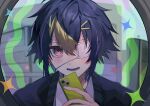  1boy black_hair black_jacket blonde_hair blush cellphone collared_shirt doorway eyepatch fisheye hair_ornament hairclip highres hiru_ne23 holding holding_phone inami_rai jacket looking_at_viewer male_focus medical_eyepatch monitoring_(vocaloid) multicolored_hair nijisanji open_mouth phone pink_eyes pov_doorway shirt short_hair smartphone smile solo two-tone_hair upper_body white_shirt 