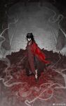  1boy absurdres black_eyes black_hair black_pants black_shoes blood blood_on_body blood_on_clothes blood_on_face blood_on_ground blood_on_neck blood_on_weapon blood_splatter chinese_clothes chinese_commentary closed_mouth coat dao_gui_yi_xian from_above full_body hair_between_eyes hair_bun hanfu highres holding holding_sword holding_weapon intestines leg_wrap li_huo_wang_mei_re_ren_he_ren li_huowang long_hair looking_at_viewer male_focus open_clothes open_coat pants red_coat red_hanfu shoes single_hair_bun sleeves_past_fingers sleeves_past_wrists smoke solo standing sword watermark weapon weibo_watermark 