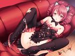  ahoge animal_ears bad_id bad_pixiv_id bare_shoulders binzoko_megane_(san-inch) boots bow bowtie cat_ears couch covering covering_crotch detached_sleeves drill_hair fingernails flat_chest flower gloves jewelry kasane_teto legs_folded lingerie looking_at_viewer lying no_panties on_back panties partially_visible_vulva petals red red_eyes red_hair ribbon ring rose side-tie_panties solo spread_legs striped striped_panties thighhighs twin_drills twintails underwear untied utau 