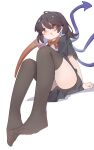  1girl absurdres ahoge asymmetrical_wings black_dress black_hair black_thighhighs blue_wings bow bowtie center_frills dress feet frills full_body gumingdi_ban highres houjuu_nue looking_at_viewer multicolored_wings no_shoes open_mouth panties red_bow red_bowtie red_eyes red_wings short_dress short_hair short_sleeves simple_background sitting solo thighhighs touhou underwear white_background white_panties wings 