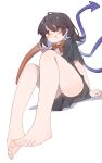  1girl absurdres ahoge asymmetrical_wings bare_legs barefoot black_dress black_hair blue_wings bow bowtie center_frills dress feet frills full_body gumingdi_ban highres houjuu_nue looking_at_viewer multicolored_wings no_shoes open_mouth panties red_bow red_bowtie red_eyes red_wings short_dress short_hair short_sleeves simple_background sitting solo toes touhou underwear white_background white_panties wings 