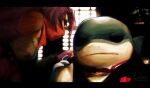  1boy 1girl absurdres artist_name black_suit closed_mouth dated derivative_work english_commentary highres jeff_the_land_shark looking_at_another marvel marvel_rivals masked neo_jpeg psylocke purple_hair red_scarf scarf shark shark_fin signature suit superhero_costume the_godfather 