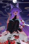  1girl absurdres ahoge animal_ears black_kimono blue_eyes flower fox_ears fox_girl fox_tail full_moon hair_ornament hair_rings heterochromia highres holding holding_smoking_pipe japanese_clothes kimono long_hair looking_at_viewer moon night night_sky pom_pom_(clothes) pom_pom_hair_ornament purple_hair purple_tail red_flower red_spider_lily sky smgoodaa smoke smoking_pipe spider_lily stellive tail tenko_shibuki virtual_youtuber wide_sleeves yellow_eyes 