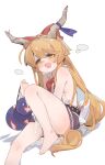  1girl absurdres bare_arms bare_legs bare_shoulders barefoot blonde_hair blush bow bowtie brown_horns drunk fang gourd gumingdi_ban hair_bow highres holding holding_gourd horn_bow horn_ornament horns ibuki_suika long_hair looking_at_viewer low-tied_long_hair miniskirt open_mouth purple_bow purple_skirt red_bow red_bowtie revealing_clothes shirt sidelocks simple_background sitting skin_fang skirt sleeveless sleeveless_shirt solo spill touhou very_long_hair wet wet_clothes white_background white_shirt yellow_eyes 