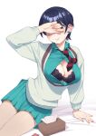  1girl amate_yuzuriha amate_yuzuriha_(cosplay) aqua_skirt black_bra blue_hair bra breasts cleavage cosplay covering_face earrings gundam gundam_gquuuuuux highres jewelry mature_female medium_breasts mole mole_on_breast on_bed open_clothes open_shirt rikuhito_juusan school_uniform short_hair skirt solo tamaki_yuzuriha underwear 
