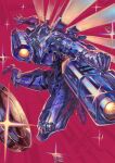  coin commentary energy_wings english_commentary flying foreshortening full_body glint gun handgun highres holding holding_gun holding_weapon humanoid_robot joints legs_apart looking_at_viewer mechanical_wings nameno92372763 one-eyed outstretched_arms red_background robot robot_joints spread_arms ultrakill v1_(ultrakill) weapon wings 