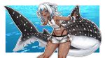  1girl arm_tattoo blue_eyes blue_hair blunt_bangs dark-skinned_female dark_skin fins fish_tail full-body_tattoo gawr_gura grey_hair hair_ornament highres hololive hololive_english leg_tattoo loincloth long_hair looking_at_viewer multicolored_hair navel open_mouth shark_girl shark_tail sharp_teeth shoulder_tattoo smile solo stomach_tattoo streaked_hair superfann tail tattoo teeth tribal tribal_tattoo two_side_up virtual_youtuber 