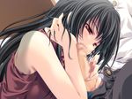  bare_shoulders black_hair blush censored fellatio fukigen_na_ane game_cg hair_tucking long_hair miyama-zero mosaic_censoring non-web_source open_fly oral penis red_eyes sleeveless solo_focus unzipped 