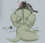 anthro asian_mythology belly big_belly blue_background blushing_yokai close_to_bursting cybernetics cyborg drone east_asian_mythology green_body hybrid japanese_mythology lying machine male mythology null null_bulge on_back robot_anthro sewing_needle simple_background solo stitch_(sewing) stuffing submissive submissive_anthro submissive_male tobias_weatherby yokai