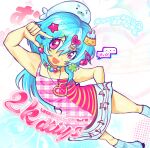  1girl animal_on_head bead_necklace beads blue_hair borrowed_character clover_hair_ornament colorful commentary draw_this_in_your_style_challenge english_commentary english_text food food-themed_hair_ornament hair_ornament heart heart_necklace heisei_retro highres jewelry long_hair looking_at_viewer mokii099 musical_note musical_note_hair_ornament musical_note_print necklace on_head original pink_eyes pink_tank_top pudding seal_(animal) skirt smile solo speech_bubble strawberry_hair_ornament tank_top white_skirt 